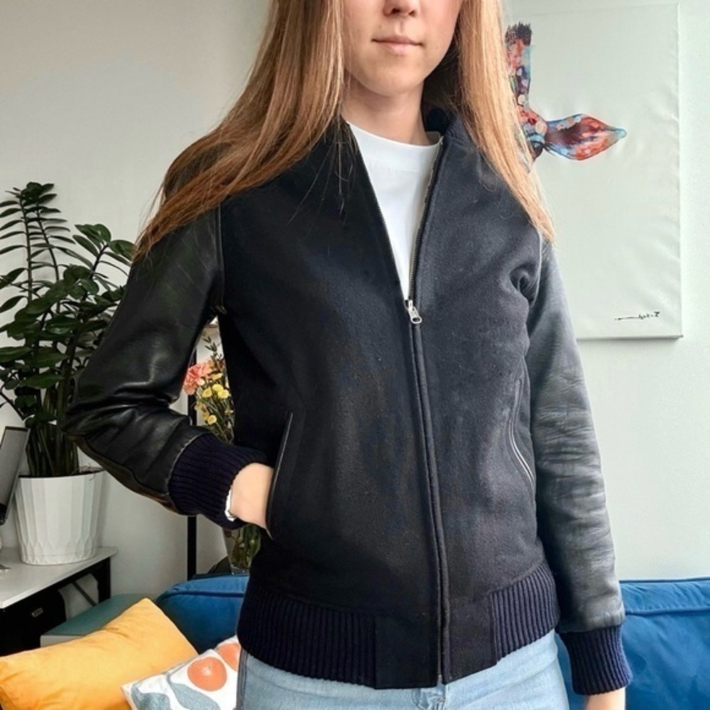 Temple of Jawnz Wool Black Leather Zip Long Sleeve Jacket Petite XS